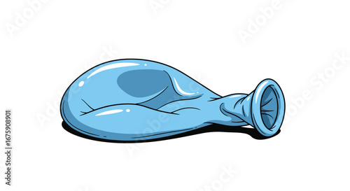 A deflated blue balloon lies on a white background with a shadow