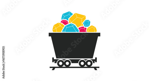 Illustration of a mine cart filled with colorful precious stones and minerals on train tracks