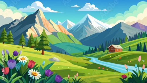 Cartoon mountain landscape with a river, wildflowers, and a cozy cabin in nature
