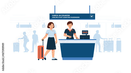 Airline Check-In Counter: Staff Assisting Passenger with Luggage, Airport Travel and Customer Service, Departure Process, Modern Vector Design Illustration, Flight Preparation