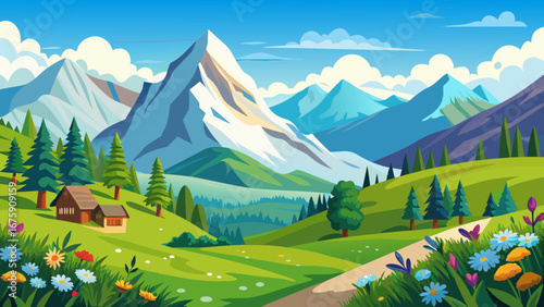 Idyllic mountain landscape with colorful flowers, houses, and a winding path