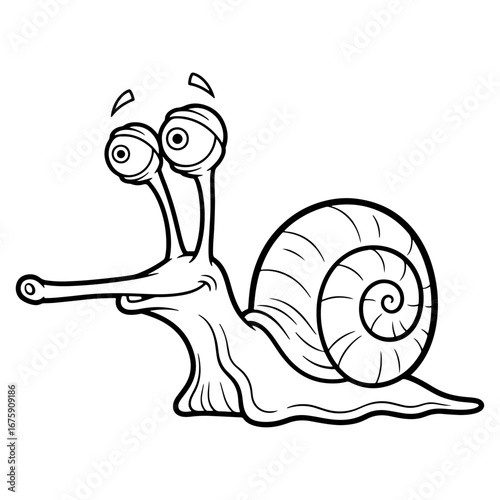 Black and white kid friendly snail illustration, clean outline and spiral shell. Suitable for school homework sheets, educational posters, stationery, comics or web content.