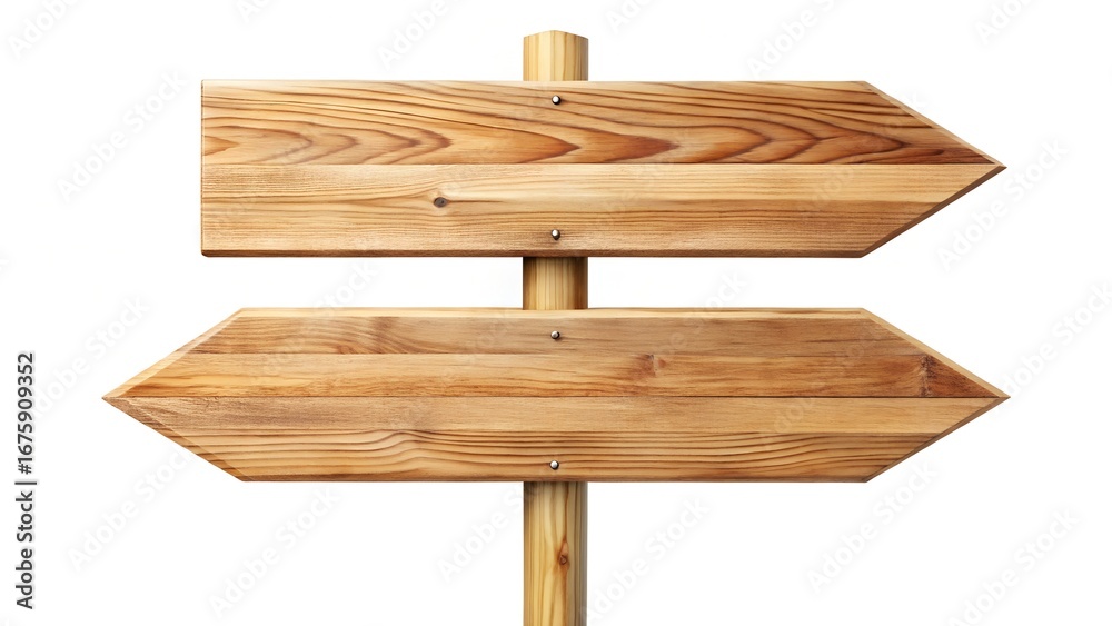 Fototapeta premium Wooden Signpost with Two Arrows Pointing in Opposite Directions on White