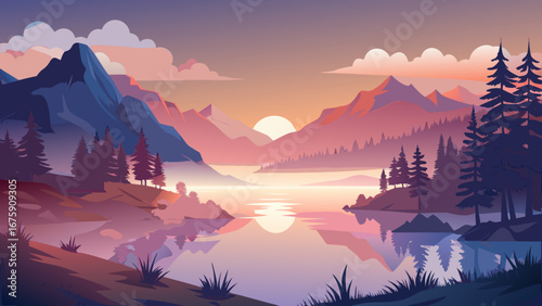 A serene sunset over a tranquil lake surrounded by majestic mountains