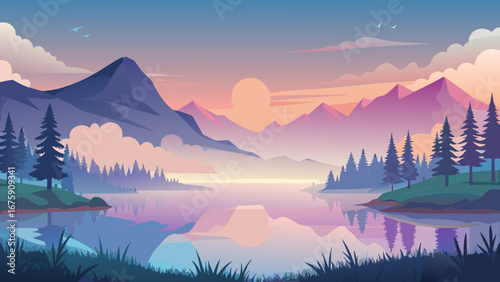 A tranquil lake mirrors a colorful sunset amidst majestic mountains and forests