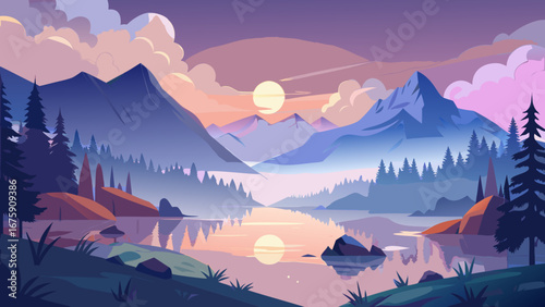 A serene sunset paints the sky over a tranquil lake surrounded by mountains