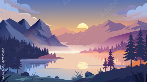 A scenic view of a lake reflecting a sunset with mountains and trees in the distance