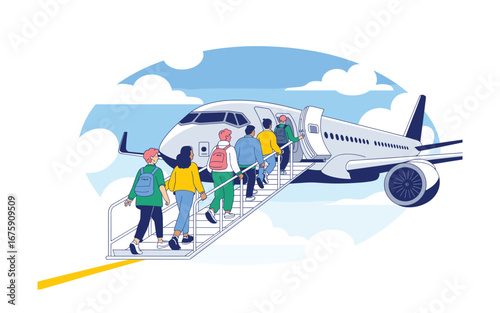 Passengers Boarding Airplane on a Sunny Day: Illustration of Group of People Climbing Stairs to Enter Airplane with Blue Sky and Clouds in Background