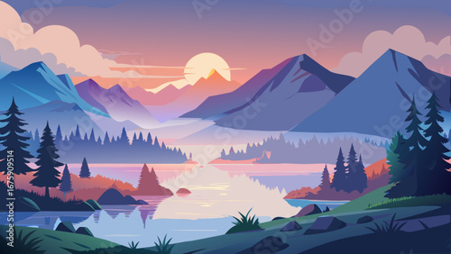 A scenic mountain vista with a lake mirroring the colorful sunset sky