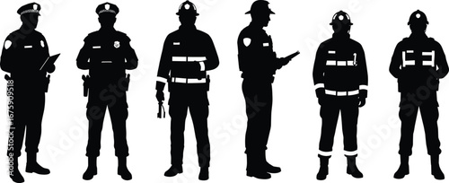 Silhouette of Police Officers, Firefighters in Uniform, Emergency Services Workers, Professionals in Protective Gear, Rescue Personnel Standing in Line