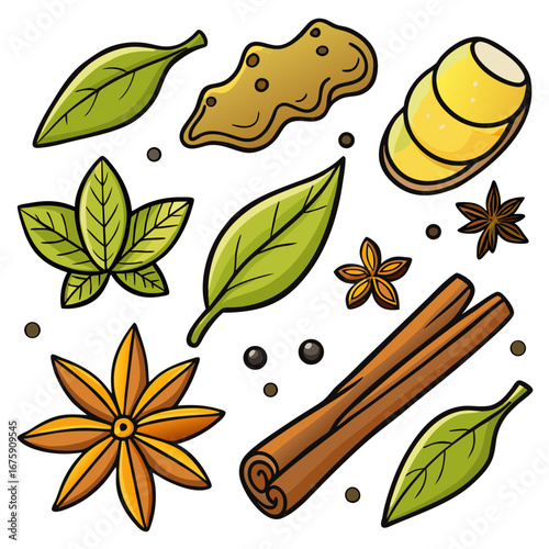 A vibrant collection of aromatic spices and herbs including cinnamon sticks and star anise