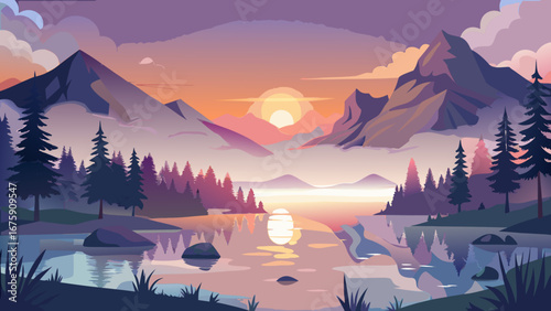 Scenic mountain landscape with a lake reflecting the sunset and a dense forest