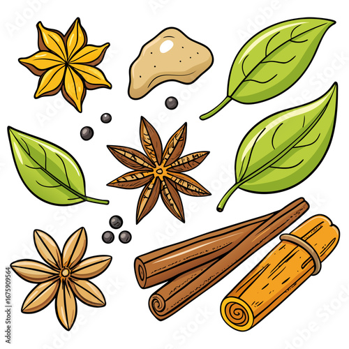 A colorful collection of aromatic star anise, cinnamon sticks, and other spices, perfect for festive holiday cooking and baking