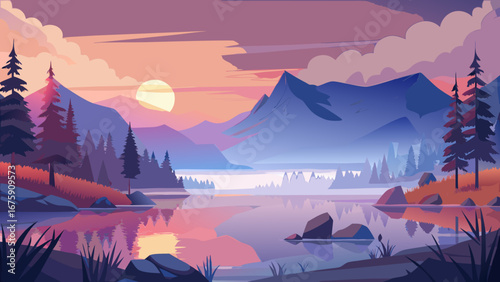 A serene lake reflecting the sunset with mountains and trees in the background