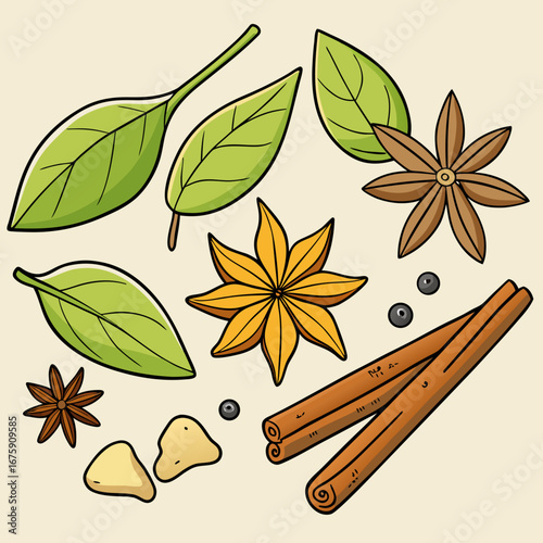 A sweet, aromatic mix of brown cinnamon sticks and star anise spices for Christmas food and drink