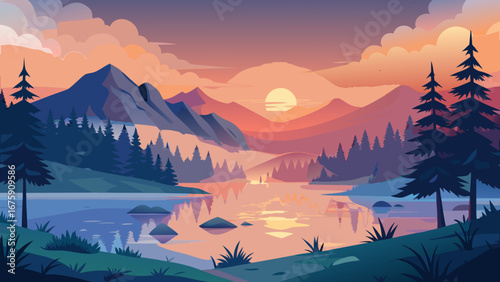 A scenic view of a lake reflecting the sunset in the mountains