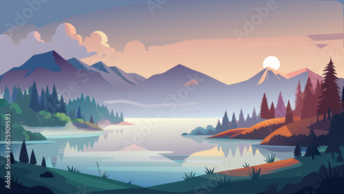 A serene lake reflects the sunset in a mountainous landscape scenery
