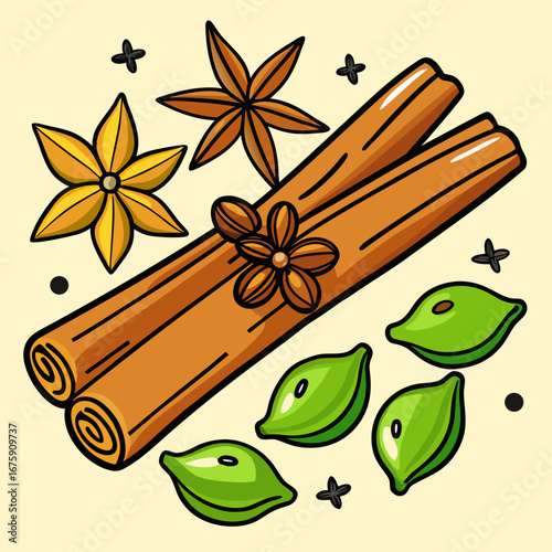 A warm, seamless vector pattern of brown cinnamon sticks and star anise flowers as a sweet Christmas spice decoration