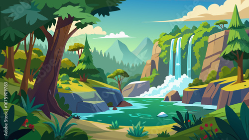 Lush forest landscape with a waterfall cascading into a tranquil river