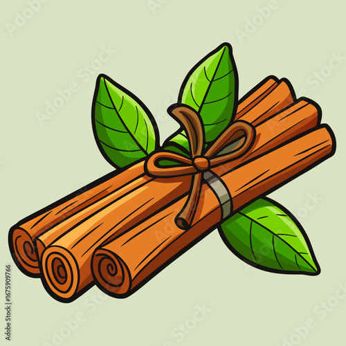Brown vector illustration of cinnamon sticks and green leaves with a butterfly and a flower