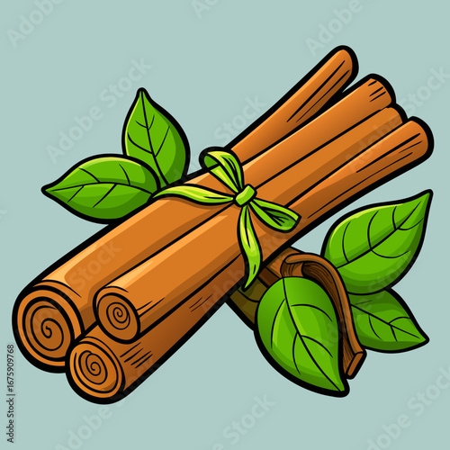 Isolated vector illustration of cinnamon sticks, green leaves, and mint, a natural and healthy spice for food and dessert