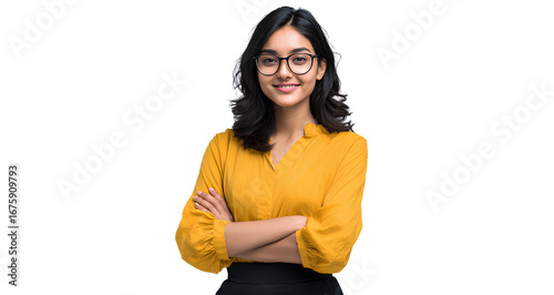 beautiful young indian woman in a yellow blouse and black pants, wearing glasses, smiling with her arms crossed on a white background 