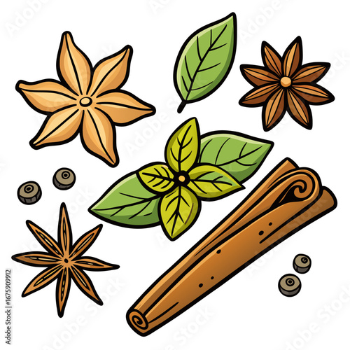 Fragrant star anise and cinnamon sticks are beautifully arranged for a classic spice background