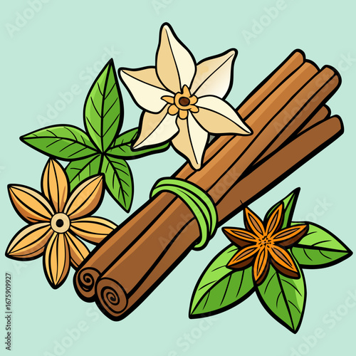 An elegant food spice combination of star anise and cinnamon sticks