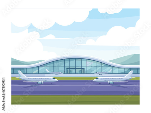 Modern Airport Terminal with Airplanes on Runway Under Cloudy Blue Sky, Vector Illustration of Transportation and Travel Infrastructure