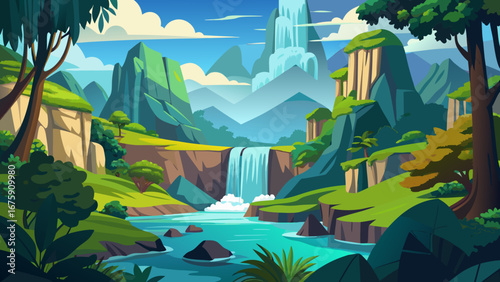 A beautiful waterfall cascades down the mountainside in a lush green valley
