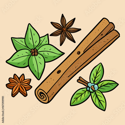 A closeup of aromatic star anise and cinnamon sticks, popular spices for cooking and Christmas food