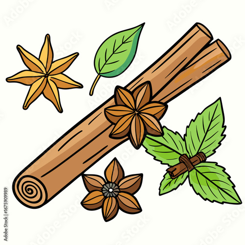 Warm and aromatic star anise and cinnamon sticks, a flavorful blend of spices and herbs for sweet holiday treats