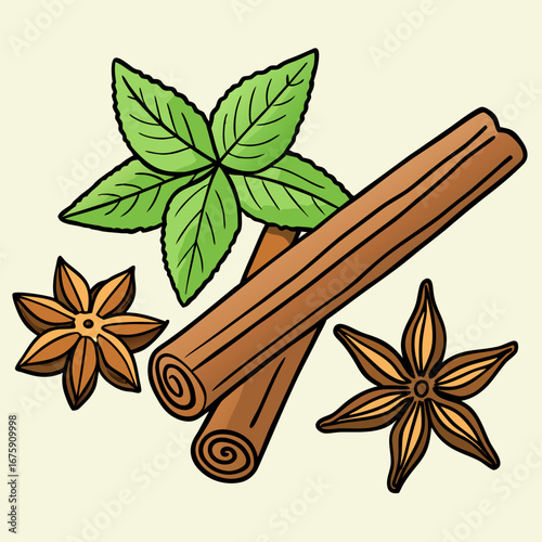 Aromatic anise and cinnamon sticks, with star anise spice, decorate a sweet holiday treat