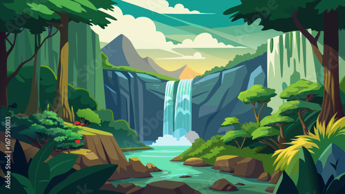 A beautiful waterfall cascading down a cliff in a lush green forest