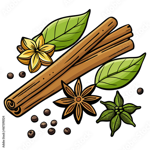 A macro closeup of star anise and cinnamon sticks with aromatic herbs on a white background