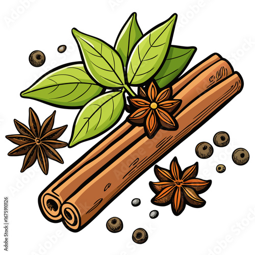 Aromatic cinnamon sticks and star anise spices used as a sweet food ingredient or decoration