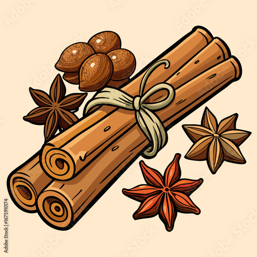 An isolated macro closeup of cinnamon sticks and star anise spices on a brown background