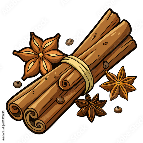 Close-up macro of decorative star anise and cinnamon sticks with sweet aromatic flavor