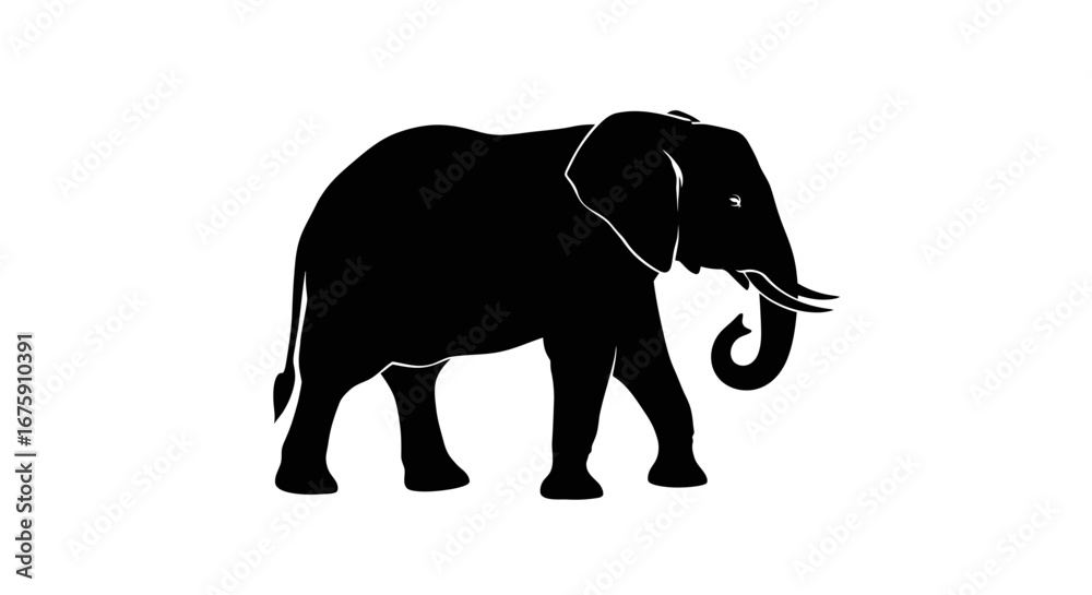 Fototapeta premium Silhouette of a Walking African Elephant with Curved Tusks.