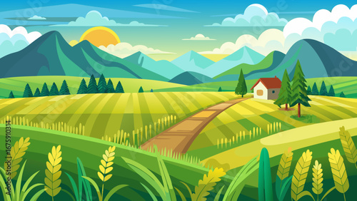 A serene landscape with a house, fields, mountains, and a rising sun