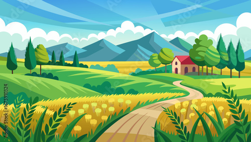 A scenic view of a countryside landscape with a house and mountains