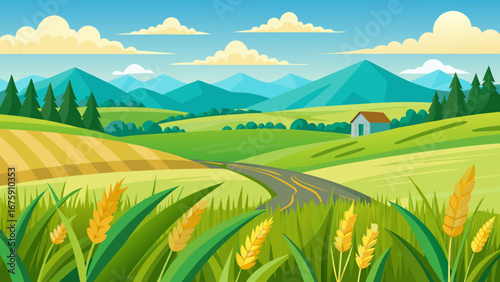 A picturesque countryside landscape featuring rolling hills and a winding road