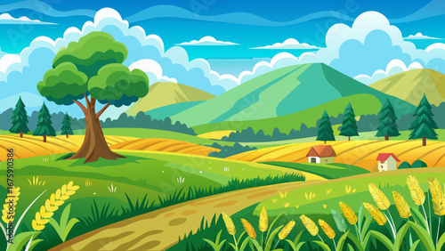 Scenic countryside landscape with rolling hills, fields, and a charming farmhouse