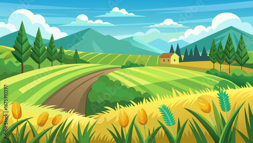 A serene countryside landscape with a winding road and a charming little house