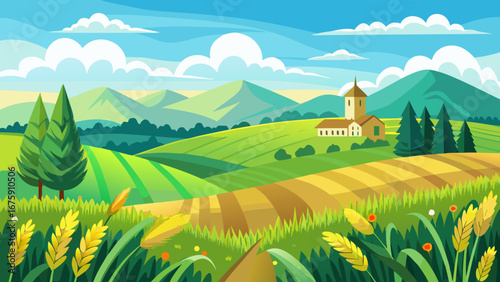 Idyllic countryside landscape with rolling hills, fields, and a charming church