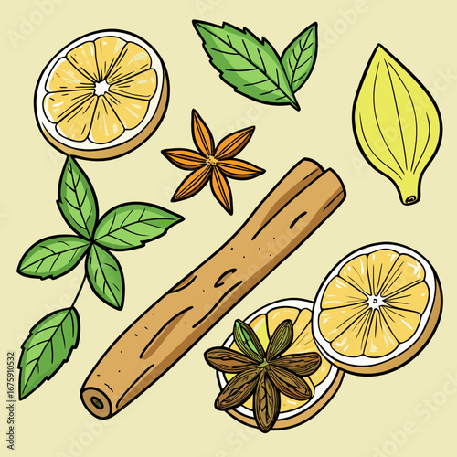 An elegant seamless vector pattern of fragrant spices and herbs like cinnamon, orange, and star anise for Christmas food decoration