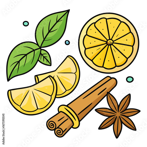 Vector illustration of fresh juicy lemon and mulled wine with spices