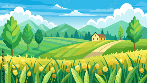 Serene countryside landscape with rolling hills, fields, and a cozy farmhouse