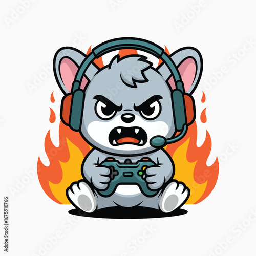 Cute angry gamer dog cartoon mascot with headset and controller playing video games surrounded by fire background illustration.