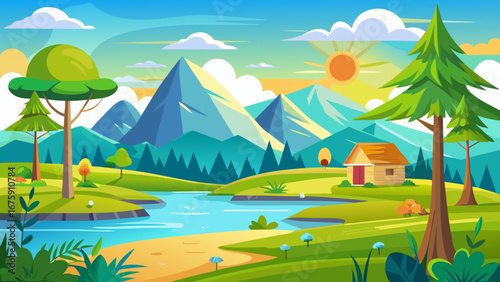 Idyllic mountain scene with a serene lake, lush trees, and a cozy little house